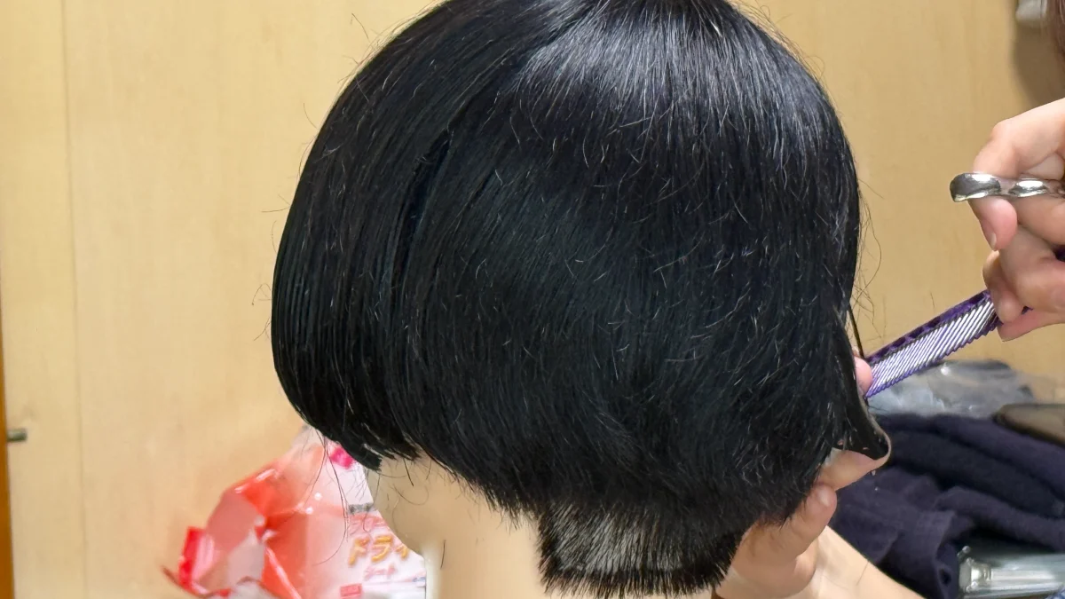 実務経験2年、LBLカット講習低め刈り上げツーセクションカット練習 (3)
